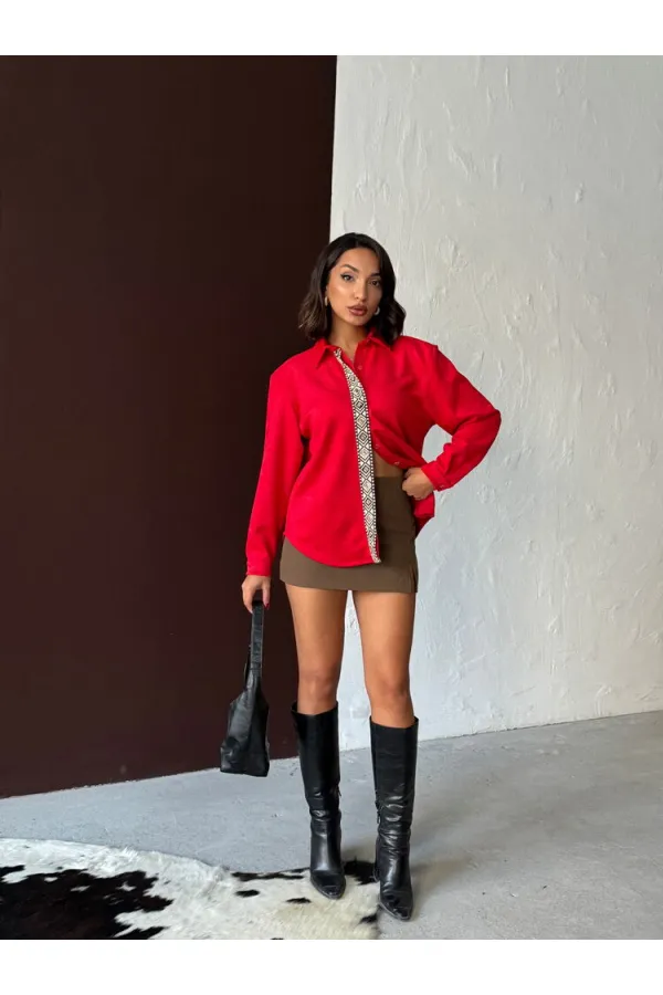 Topshow Striped Detail Scuba Suede Wholesale Shirt - Red | F1973