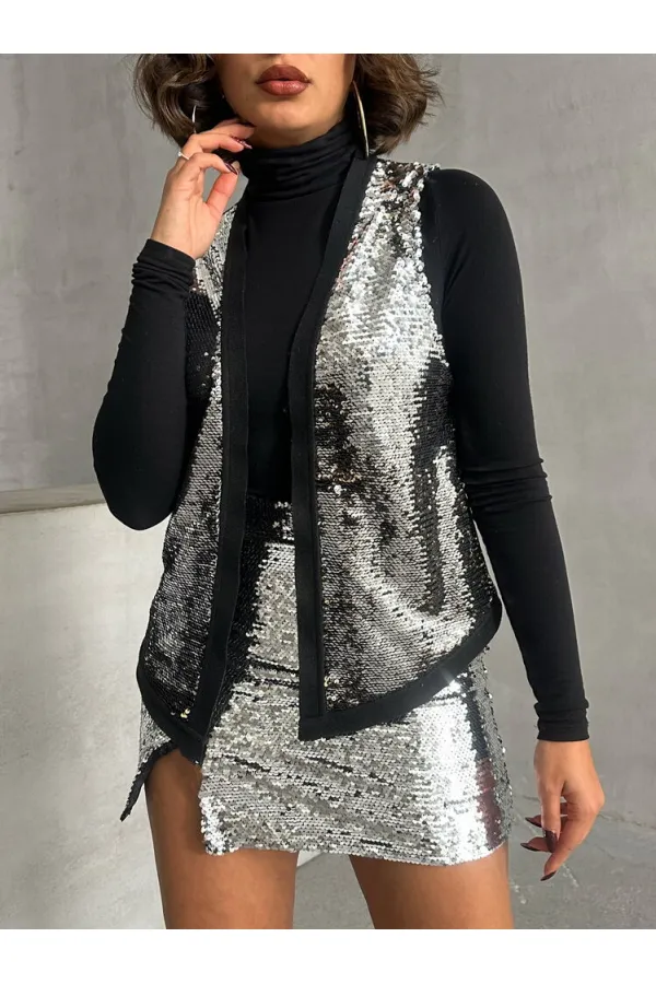 Pullu Toptan Yelek - Gümüş Gold | TOPSHOW | F1750