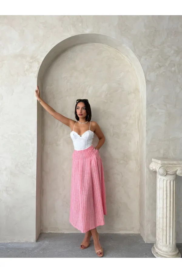 Çizgili Keten Etek - Pembe | Topshow | F1918