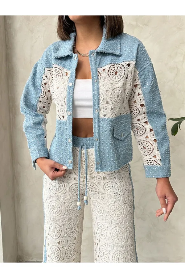 Veste en jean Topshow Blue DSN1 avec détails en dentelle (vente en gros) | F1758