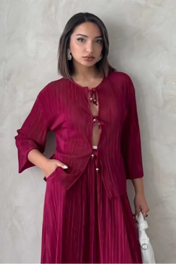 Tie Front Pleated Shirt - Claret Red | Topshow | F1739