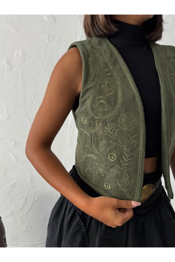 Topshow - Wholesale Corduroy Embroidered Vest - Khaki