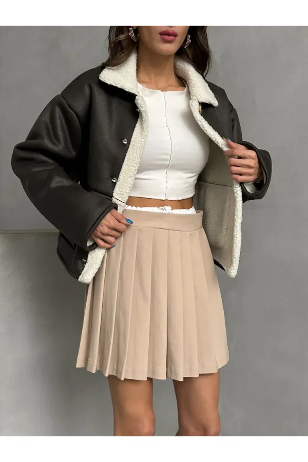 Manteau en nubuck à col en fourrure (vente en gros) - Crème anthracite | TOPSHOW | F1553