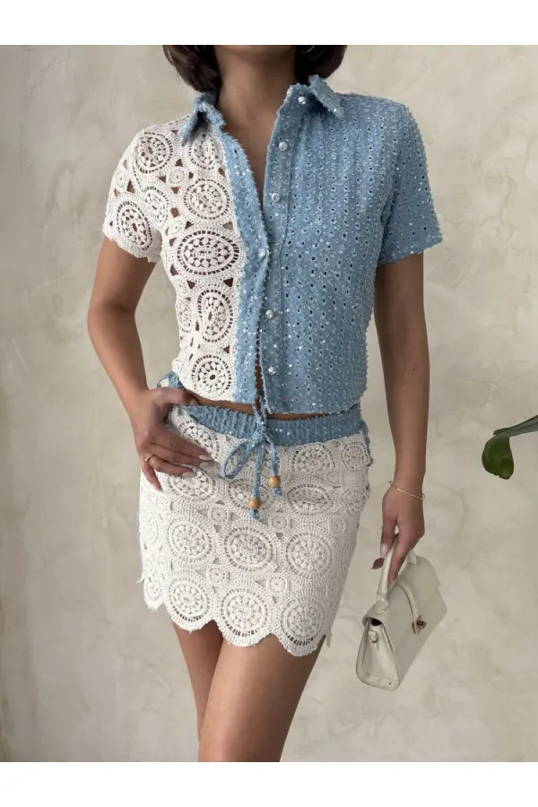 Denim Detailed Lace Short Skirt - Raw Topshow