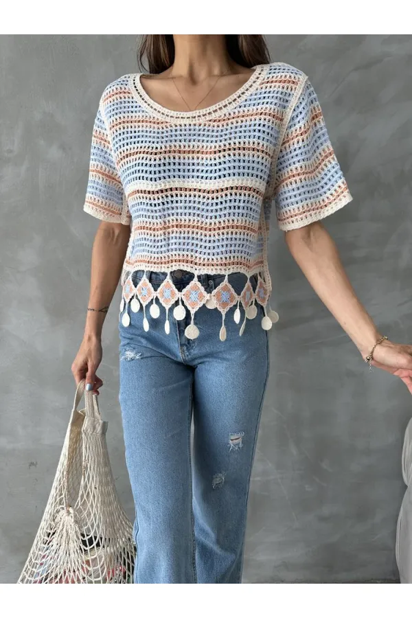 Topshow Orange Mesh Bottom Pompom Wholesale Blouse