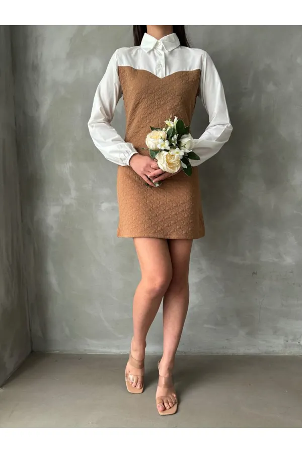 Knee-Length Wholesale Dress with Poplin Sleeves and Chest - Camel | TOPSHOW | F1139