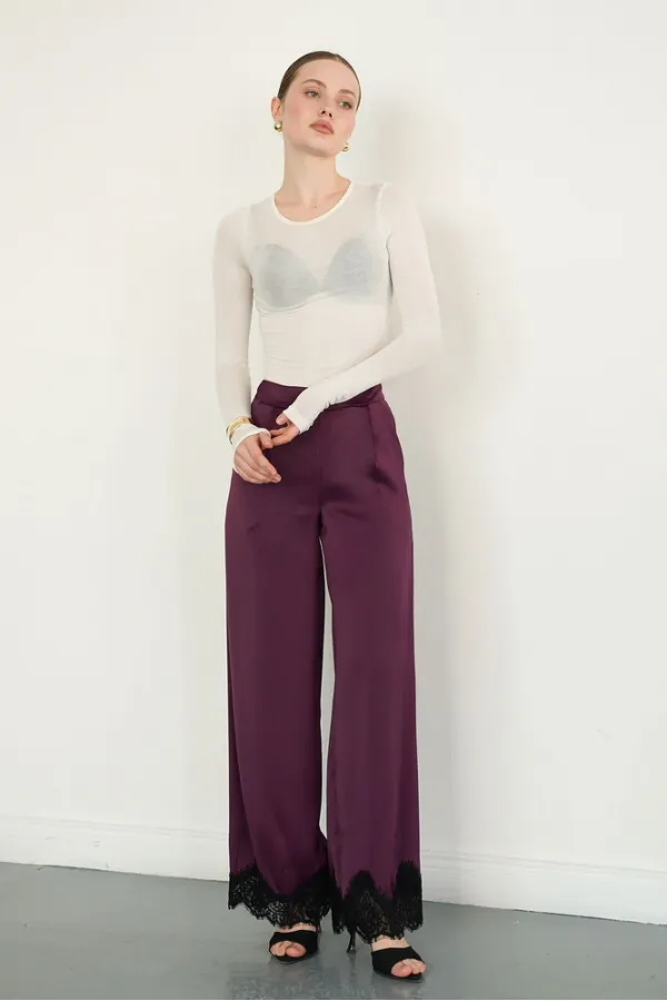 Wholesale Satin Trousers with Lace Hem - Coffee | D2969 - Topshow