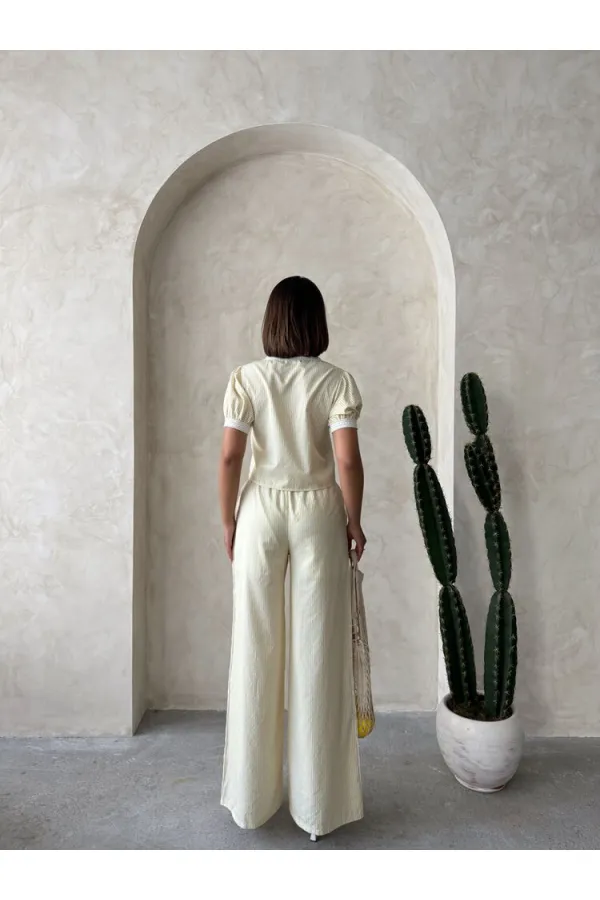 Striped Blouse with Guipure Detail - Yellow | Topshow