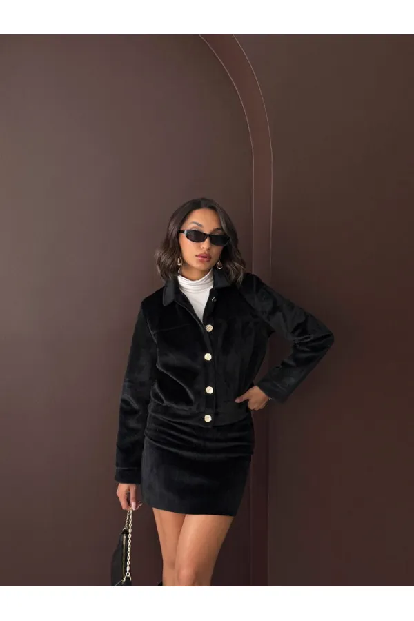 Topshow - Wholesale Plush Buttoned Coat - Black