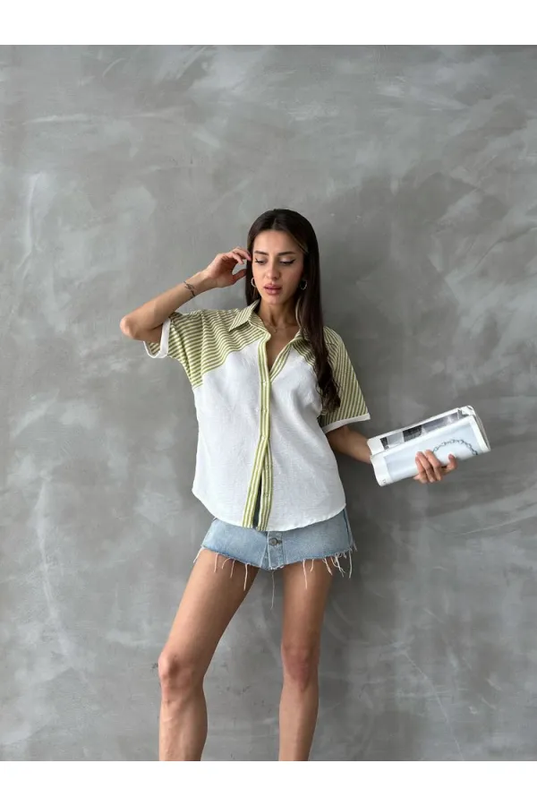 Topshow Pistachio Green Striped Detailed Low Sleeve Wholesale Shirt