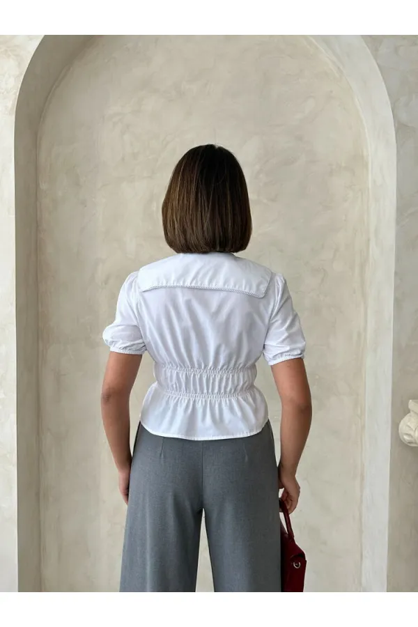 Yaka Detaylı Büzgülü Gömlek - Beyaz Topshow