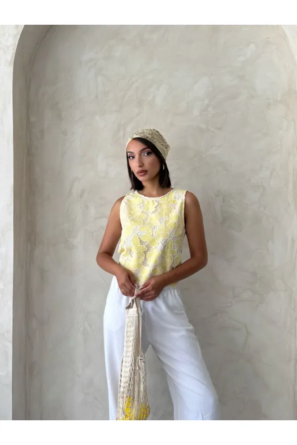 Dantel Kolsuz Bluz - Sarı | Topshow