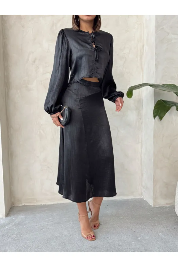 Kraşlı Saten Toptan Etek - Siyah | Topshow | F1915
