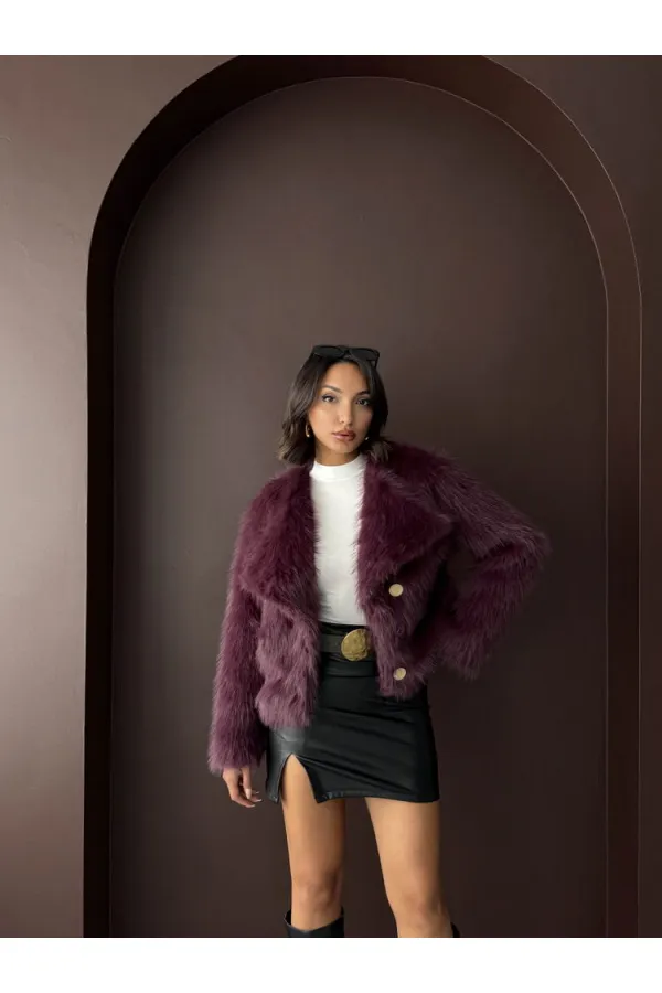 Topshow - Wholesale Rabbit Fur Buttoned Coat - Plum