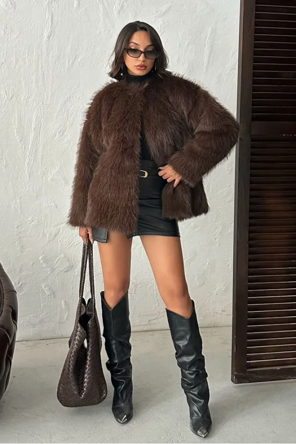 Suni Kürk Toptan Ceket - Kahverengi | TOPSHOW | F1608