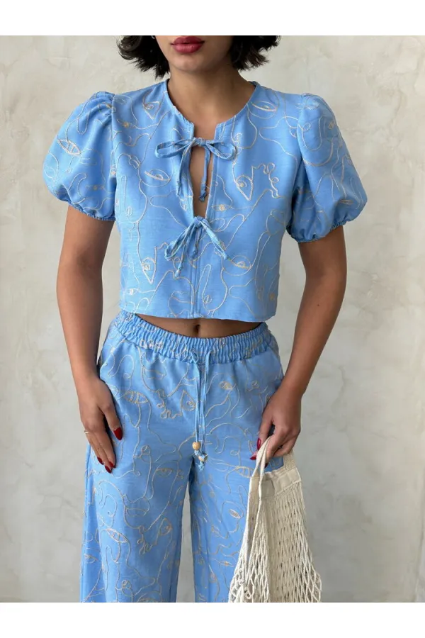 Embroidered Front Tie Wholesale Blouse - Light Blue | Topshow