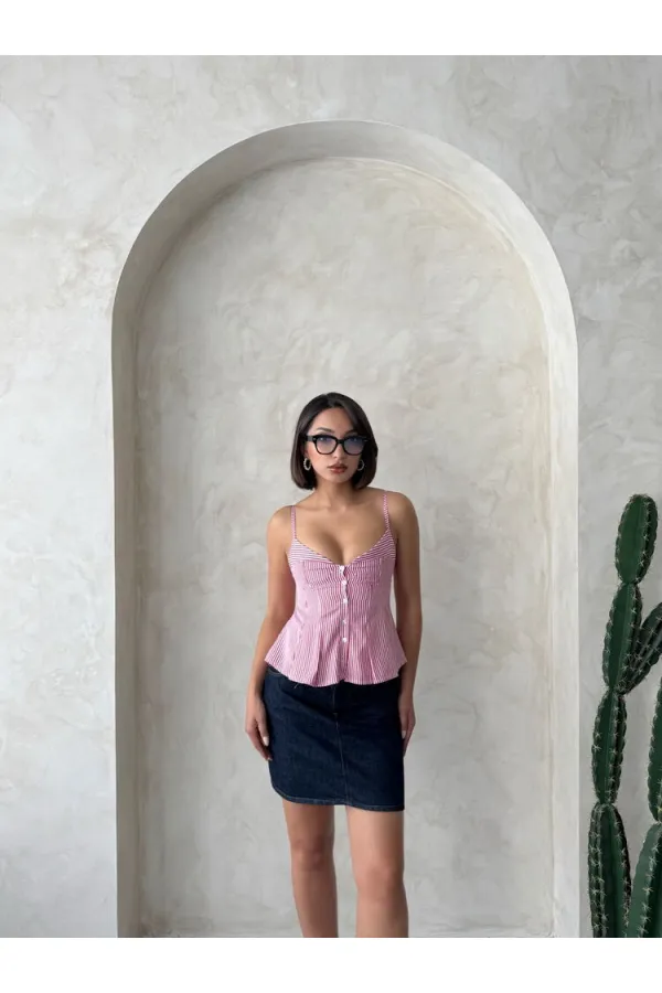 Çizgili Askılı Bluz - Bordo | Topshow