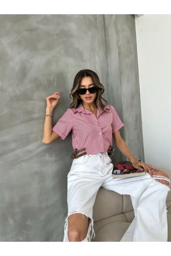 Topshow Red Striped Belt Detailed Striped Wholesale Shirt