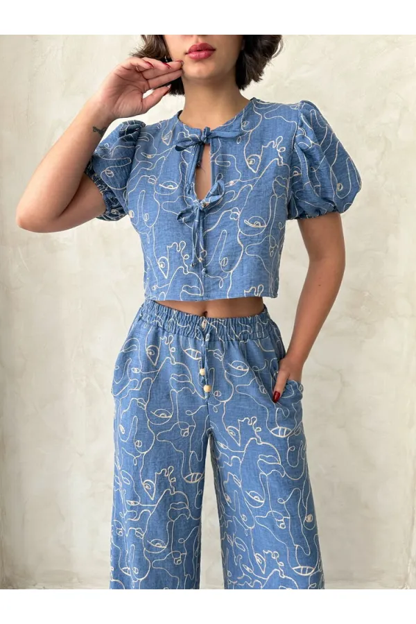 Embroidered Front Tie Wholesale Blouse - Dark Blue | Topshow