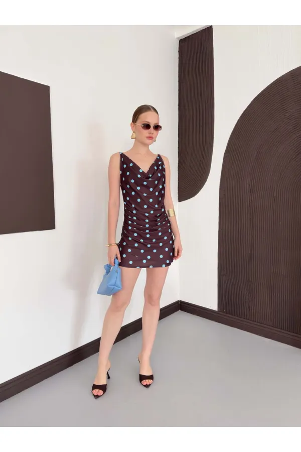 Puantiye Baskılı Elbise - Kahve Turkuaz | D3024 Topshow