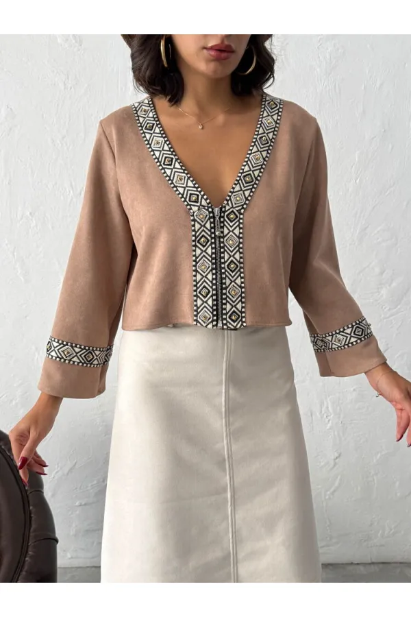 Topshow Şerit Detaylı Scuba Süet Fermuarlı Ceket - VİZON | F1971