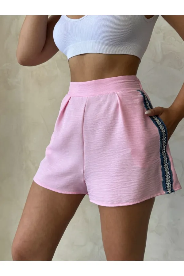 Kot Detaylı Şort - Pembe | Topshow