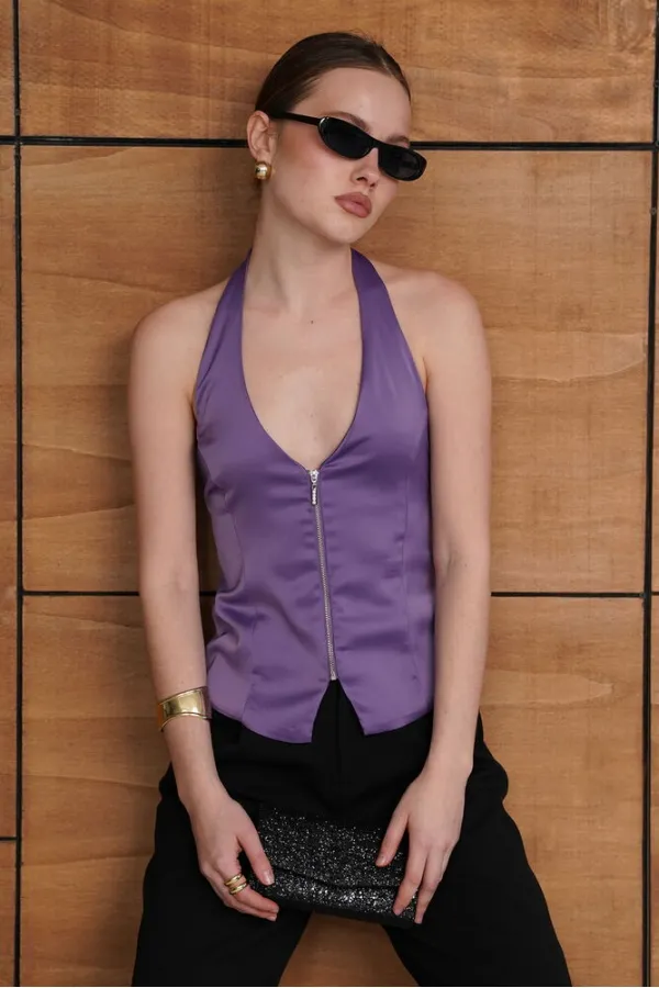 Gilet en satin zippé - Lilas | D2952 - Topshow