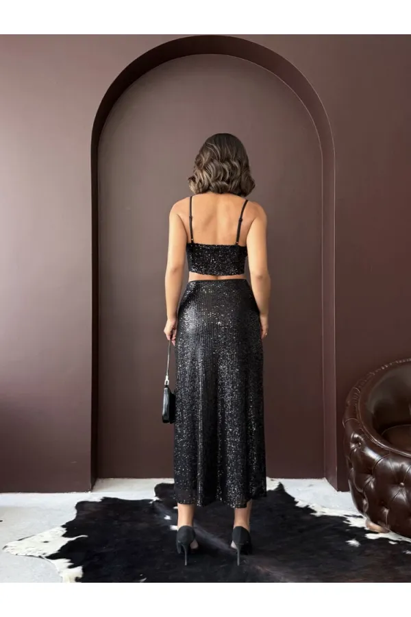 Topshow Siyah Payetli Uzun Etek - Yüksek Bel, Şık Gece Elbisesi Kombini