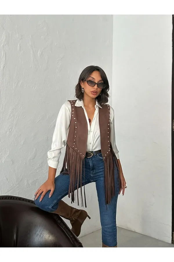 Topshow Püsküllü Süet Yelek – İnci Detaylı - KAHVE | F1806