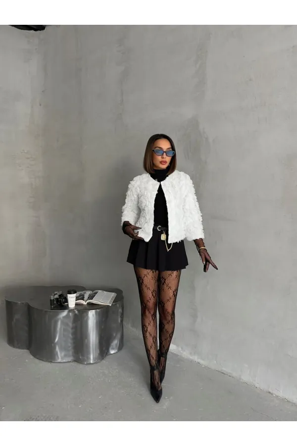 Veste en tulle à motif rose en gros - Crème | TOPSHOW | F1754