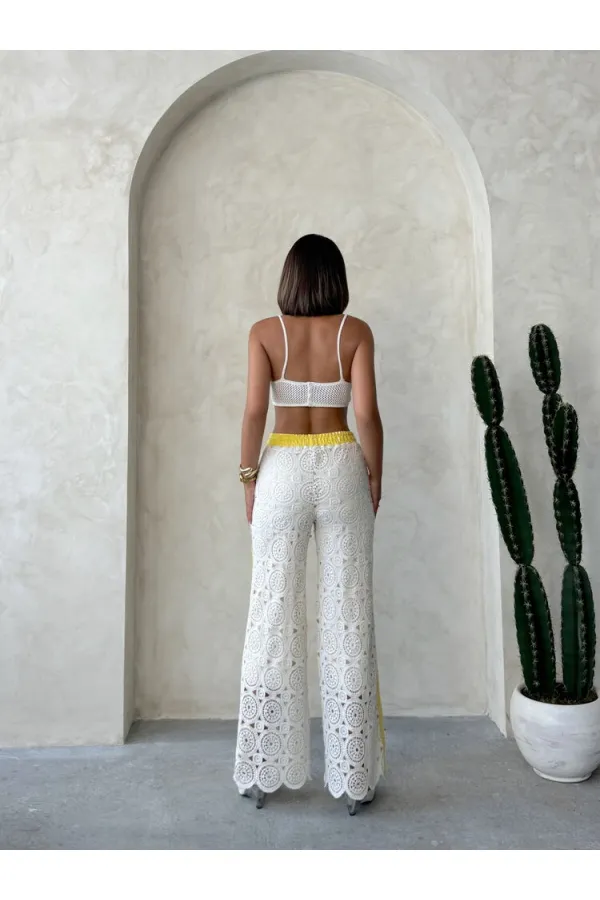 Kot Detaylı Dantel Pantolon - Sarı | Topshow | F1759