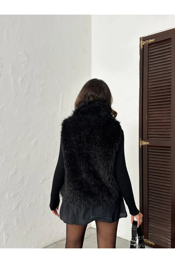 Gilet en fausse fourrure pour femme Topshow (vente en gros) – Fermeture éclair, texture douce – Noir | F2046