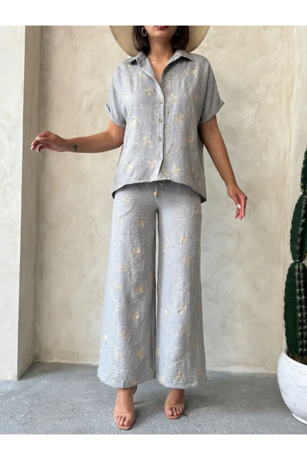 Nakışlı Toptan Gömlek - Gri Dsn2 | Topshow