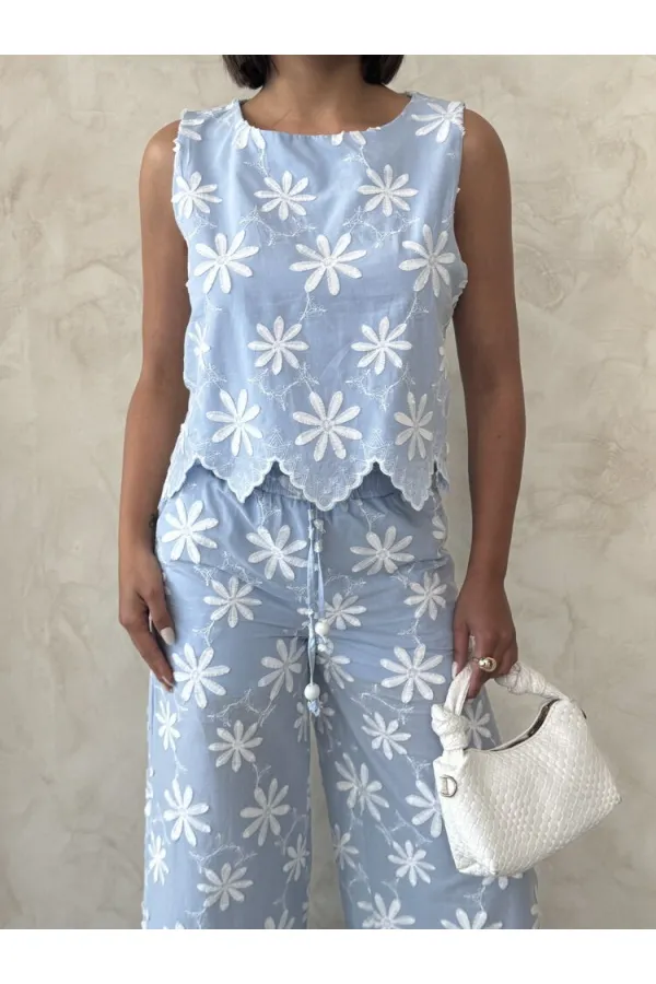 Nakışlı Kolsuz Toptan Bluz - Mavi | Topshow