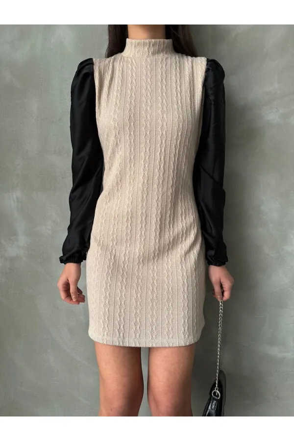 Leather Sleeved Turtleneck Knee-Length Wholesale Dress - Stone | TOPSHOW | F1143