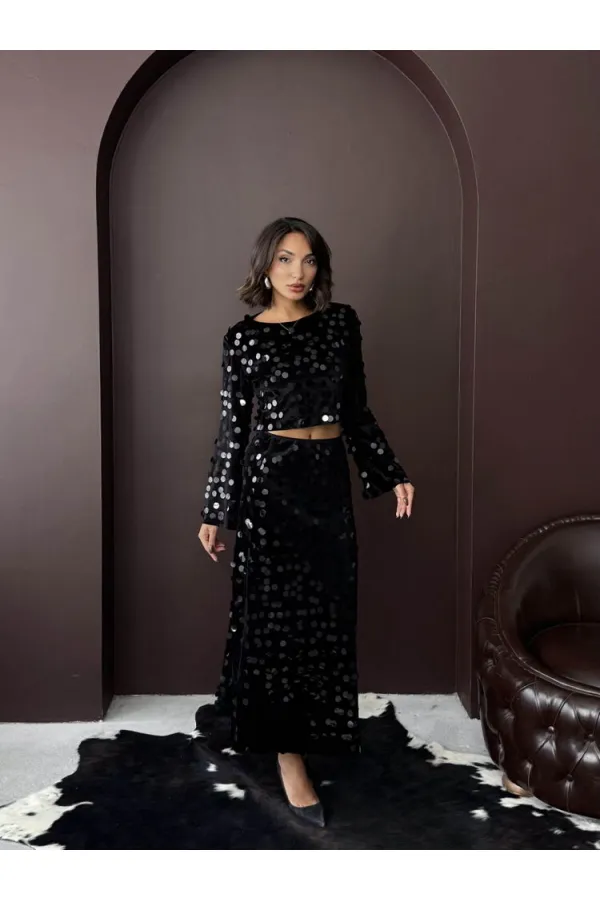 Topshow - Toptan Pullu Kadife Etek - Siyah Siyah