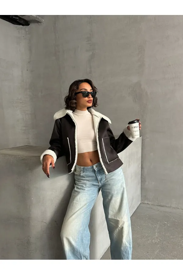 Süet Peluş Toptan Mont - Haki Krem | TOPSHOW | F1856