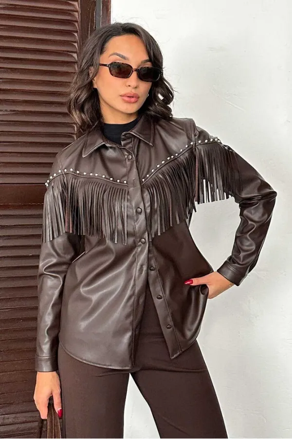 Chemise en similicuir à franges tombantes F 2043 - Café