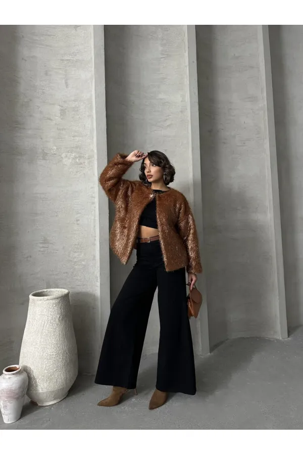 Gilet à franges pailletées en gros - Marron | TOPSHOW | F1837