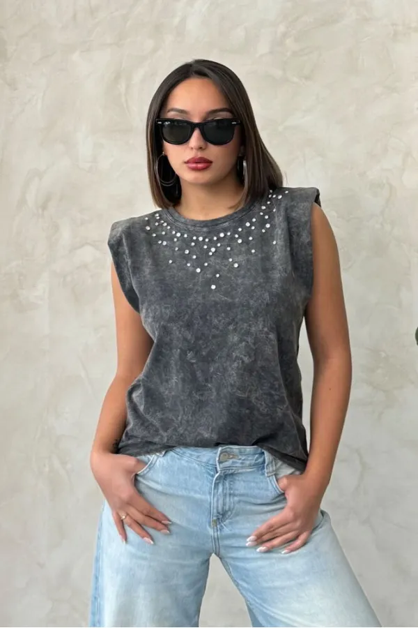 Blouse noire délavée avec détails en pierre - Vente en gros | Topshow