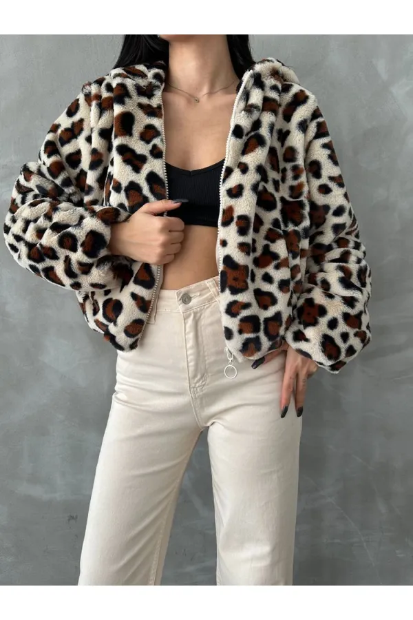 Bskılı Pejuş Toptan Mont - Açık Taş Leopar | TOPSHOW | F1654