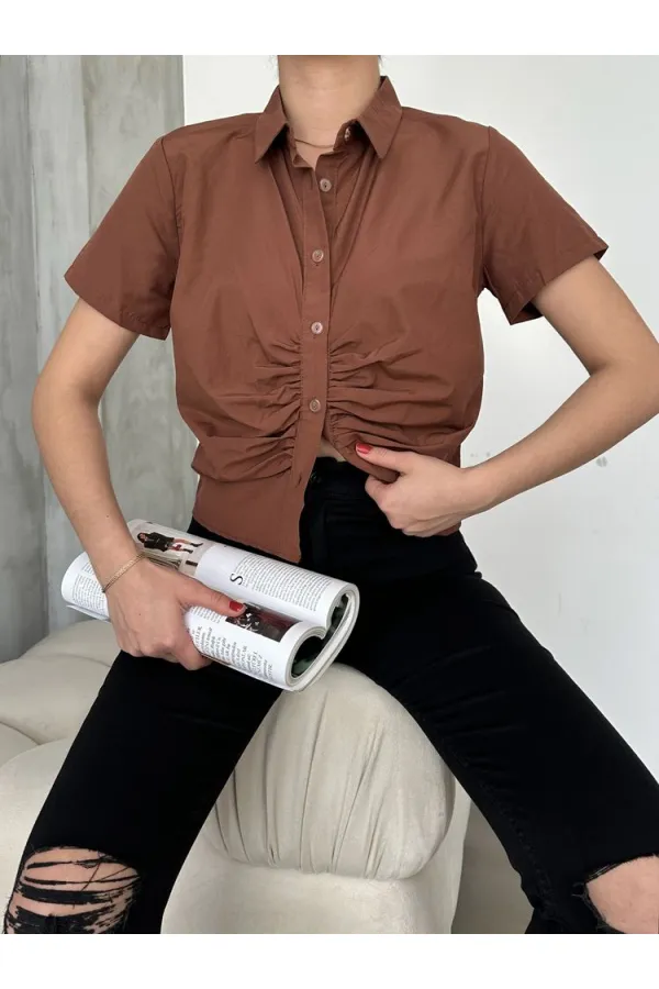 Topshow Brown Gipel Front Gathered Wholesale Blouse