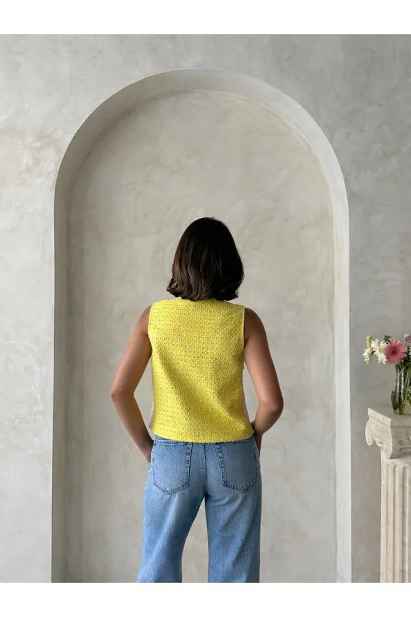 Kot Detaylı Önden Baglamalı Dantel Yelek - Ham Sarı | Topshow