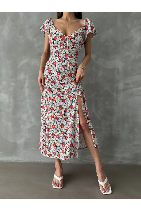 Topshow Kırmızı Çiçek Baskılı Toptan Elbise