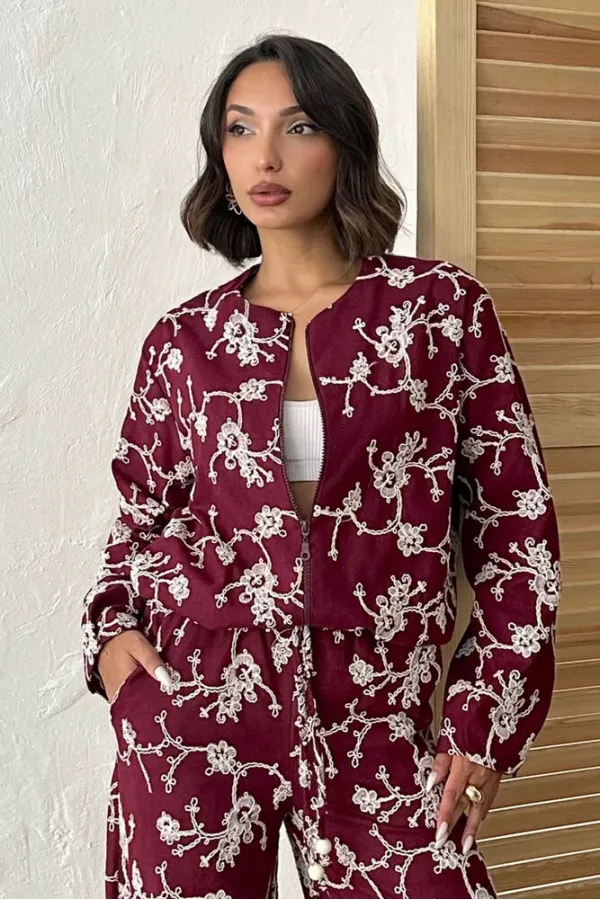 Veste zippée à broderies florales - Bordeaux | Topshow | F1948