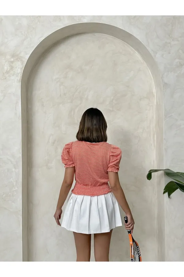 Blouse Topshow orange à carreaux imprimés taille haute, vente en gros