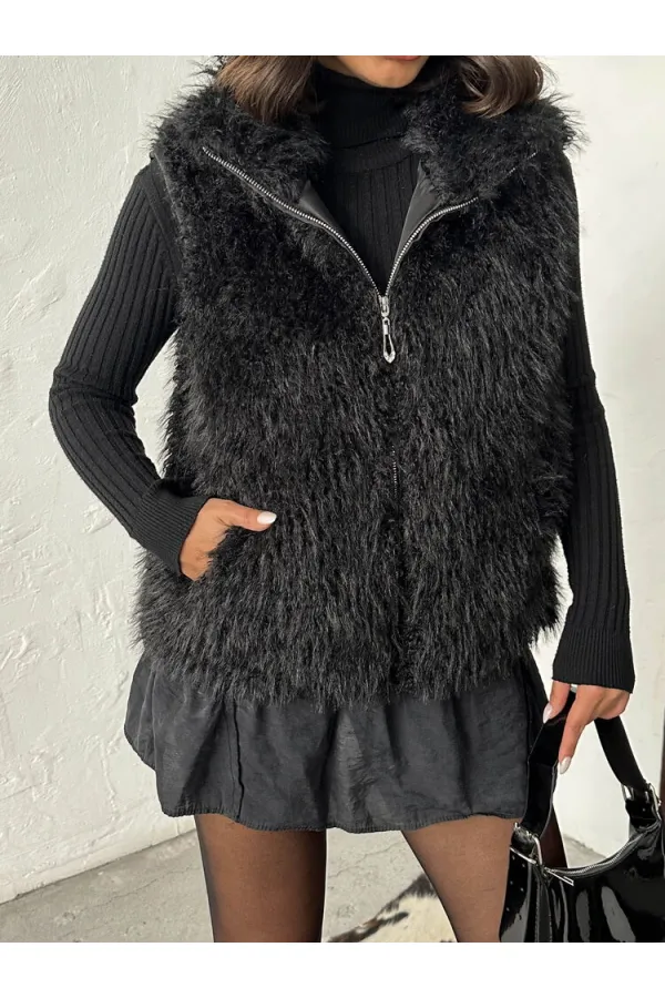 Gilet en fausse fourrure pour femme Topshow (vente en gros) – Fermeture éclair, texture douce – Noir | F2046