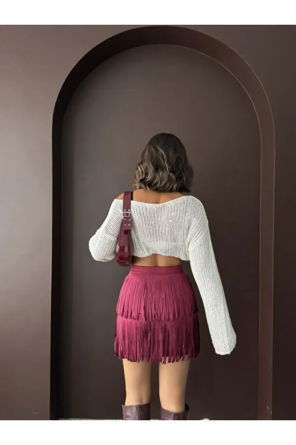 Topshow Tasseled Scuba Suede Skirt - Burgundy | F2030