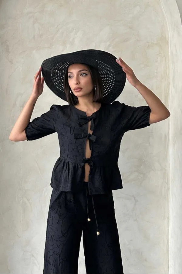 Önden Bağlamalı Nakışlı Toptan Bluz - Siyah Siyah | Topshow