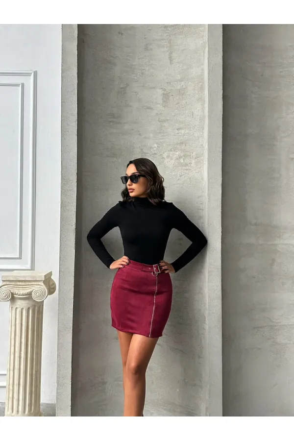 Süet Fermuarlı Toptan Etek - Bordo | TOPSHOW | F0121